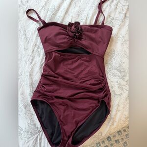 Burgundy One-Piece Swimsuit with Floral Accent